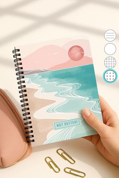 Eldesen Tasarım A5 Spiral Dotted School Notebook, 50 Sheets 100 Pages, Cardboard Cover Notepad, Pink Boholo