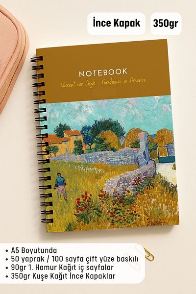 Eldesen Tasarım Van Gogh A5 Spiral Checkered School Notebook, 50 Sheets 100 Pages, Cardboard Cover Notebook, Farm