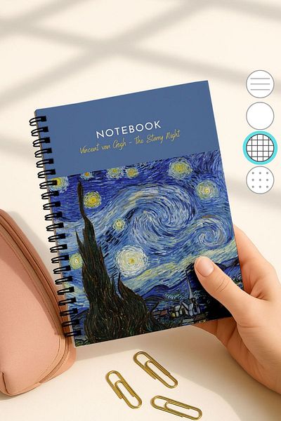 Eldesen Tasarım Van Gogh A5 Spiral Checkered School Notebook, 50 Sheets 100 Pages, Cardboard Cover Notepad, Night