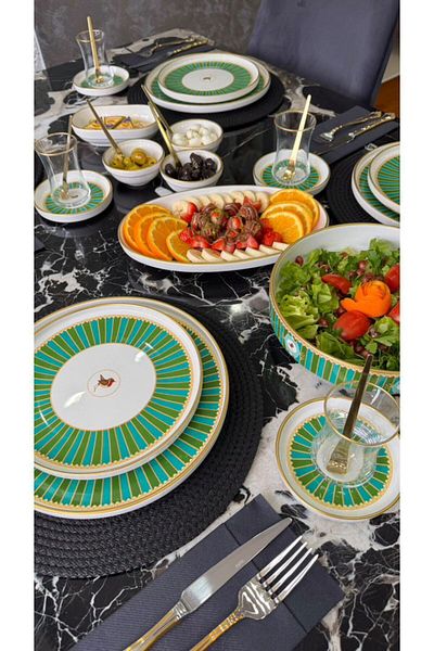 Onedekor 43 Piece Modern Green Bird Breakfast Set Gold