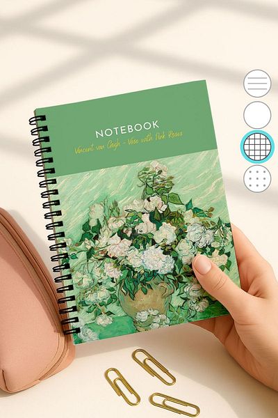 Eldesen Tasarım Van Gogh A5 Spiral Checkered School Notebook, 50 Sheets 100 Pages, Cardboard Cover Notepad, Vase