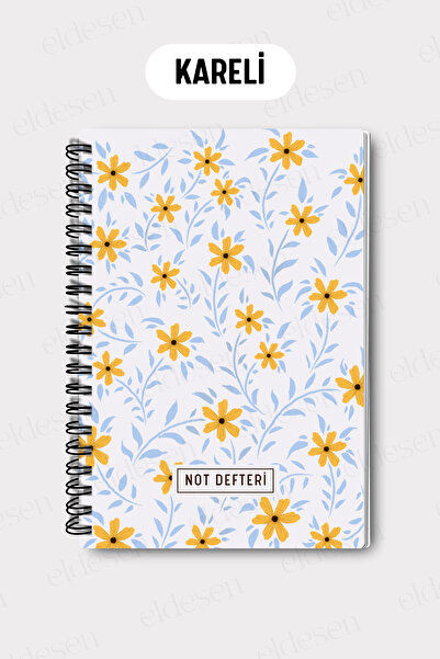 Eldesen Tasarım A5 Spiral Checkered School Notebook, 50 Sheets 100 Pages, Cardboard Cover Notepad, Daisy