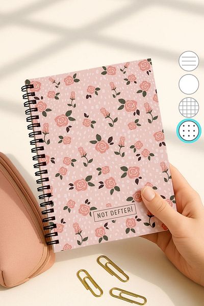 Eldesen Tasarım A5 Spiral Dotted School Notebook, 50 Sheets 100 Pages, Cardboard Cover Notepad, Pink Floral