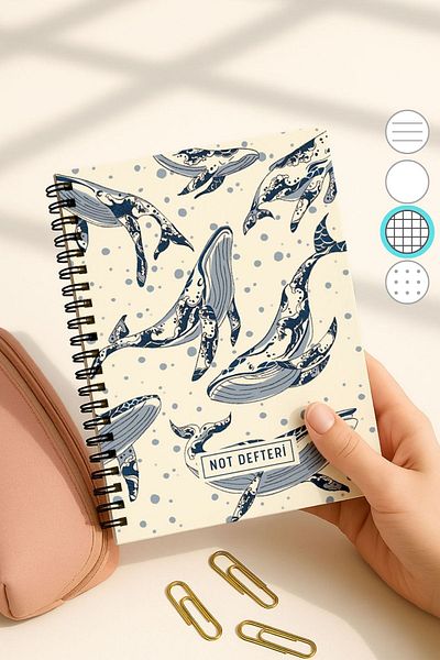 Eldesen Tasarım A5 Spiral Checkered School Notebook, 50 Sheets 100 Pages, Cardboard Cover Notepad, Whales