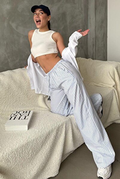 Madmext Mavi Beli Ayarlanabilir Çizgili Cepli Bol Paça Kadın Pantolon Mg2312