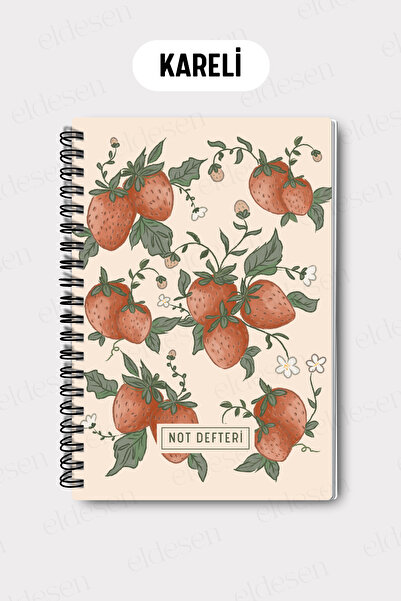 Eldesen Tasarım A5 Spiral Checkered School Notebook, 50 Sheets 100 Pages, Cardboard Cover Notepad, Strawberry