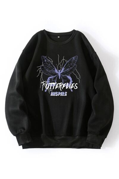DUBU BUTİK Φούτερ Butterflies Insipire - Μαύρη στάμπα Oversize Crew Neck