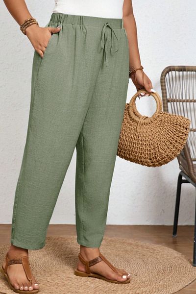 CEDY DENIM Pantaloni de vară pentru femei, kaki, cu aspect de in sintetic, cu talie înaltă, cu șireturi înguste, pantaloni pentru mamă de mărime mare