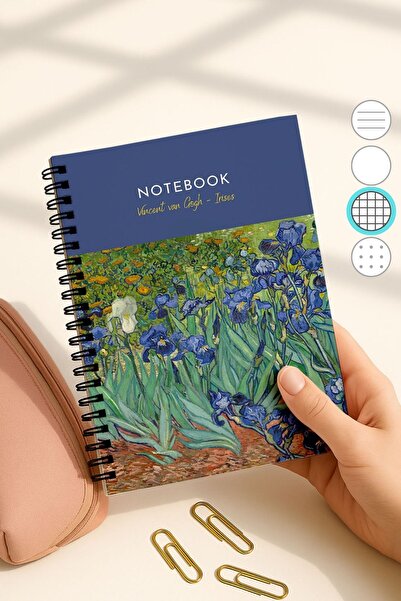 Eldesen Tasarım Van Gogh A5 Spiral Checkered School Notebook, 50 Sheets 100 Pages, Cardboard Cover Notepad, Iris