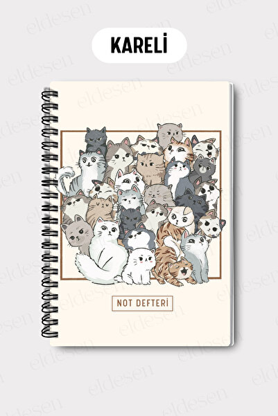 Eldesen Tasarım A5 Spiral Checkered School Notebook, 50 Sheets 100 Pages, Cardboard Cover Notepad, with Cat