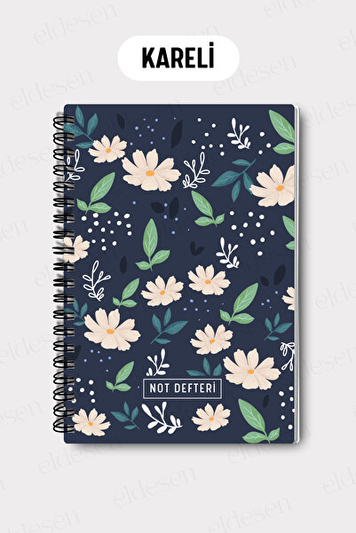 Eldesen Tasarım A5 Spiral Checkered School Notebook, 50 Sheets 100 Pages, Cardboard Cover Notepad, White Floral