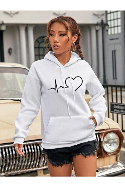 DUBU BUTİK Γυναικεία φούτερ με στάμπα Heart Line Oversize με λευκή κουκούλα