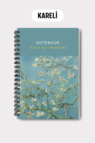 Eldesen Tasarım Van Gogh A5 Spiral Checkered School Notebook, 50 Sheets 100 Pages, Cardboard Cover Notepad, Almond