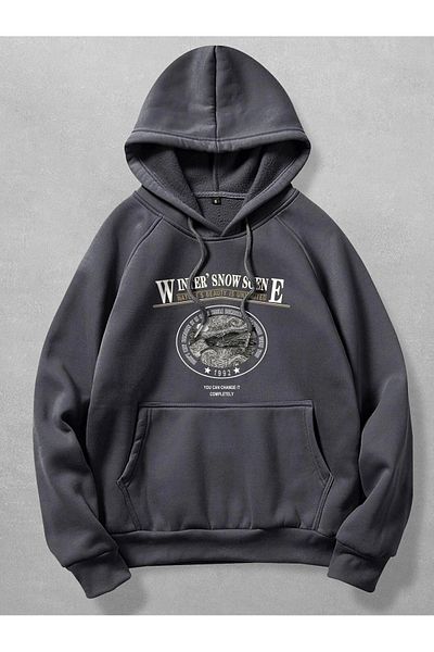 DUBU BUTİK Winner Snow Scene Sweatshirt - Smoke Printed Oversize Hoodie