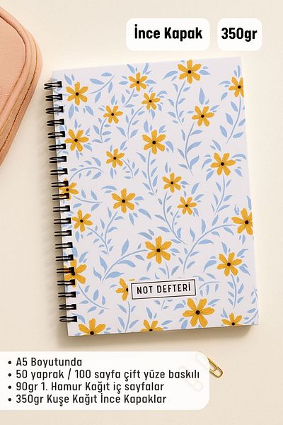 Eldesen Tasarım A5 Spiral Checkered School Notebook, 50 Sheets 100 Pages, Cardboard Cover Notepad, Daisy