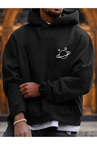 DUBU BUTİK Φούτερ Starry Saturn - Μαύρη στάμπα Oversize Hooded
