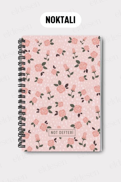 Eldesen Tasarım A5 Spiral Dotted School Notebook, 50 Sheets 100 Pages, Cardboard Cover Notepad, Pink Floral
