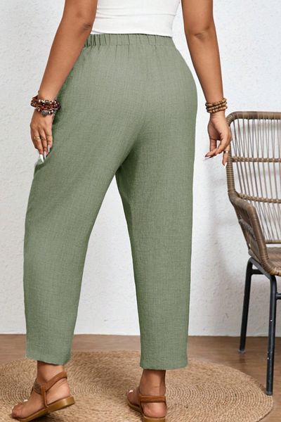 CEDY DENIM Pantaloni de vară pentru femei, kaki, cu aspect de in sintetic, cu talie înaltă, cu șireturi înguste, pantaloni pentru mamă de mărime mare