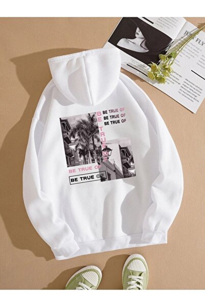 DUBU BUTİK Hanorac Be True Of - Hanorac supradimensionat cu capota alb imprimat