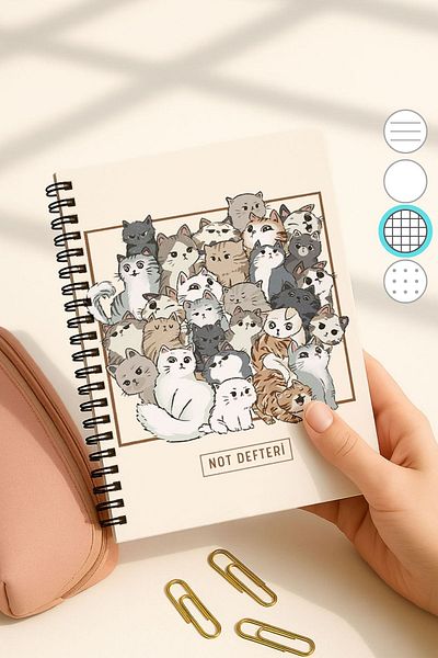 Eldesen Tasarım A5 Spiral Checkered School Notebook, 50 Sheets 100 Pages, Cardboard Cover Notepad, with Cat