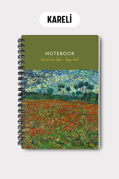 Eldesen Tasarım Van Gogh A5 Spiral Checkered School Notebook, 50 Sheets 100 Pages, Cardboard Cover Notepad, Poppy