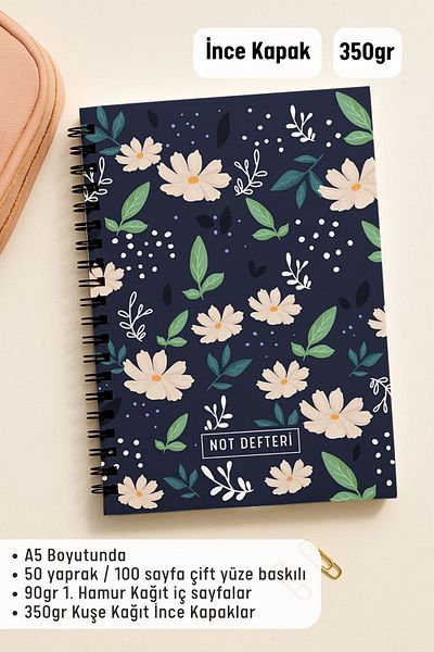 Eldesen Tasarım A5 Spiral Checkered School Notebook, 50 Sheets 100 Pages, Cardboard Cover Notepad, White Floral