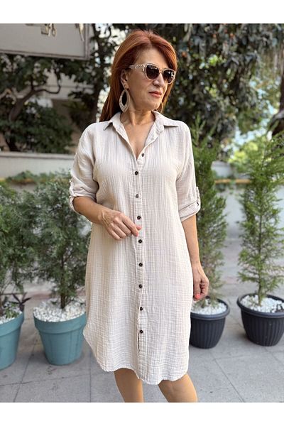 DenizEge Muslin Shirt Dress Beige