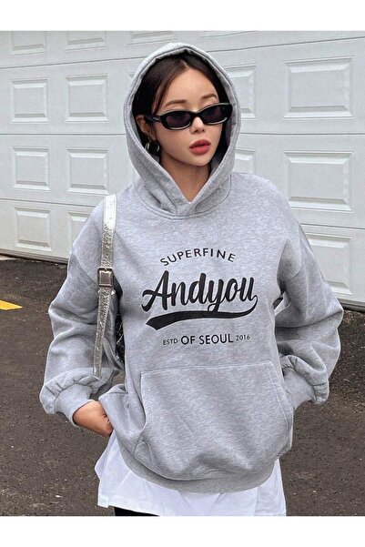 DUBU BUTİK Superfine Andyou Φούτερ - Γκρι Oversize Βαμβακερή κουκούλα