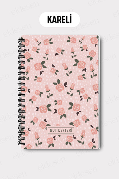 Eldesen Tasarım A5 Spiral Checkered School Notebook, 50 Sheets 100 Pages, Cardboard Cover Notepad, Pink Floral