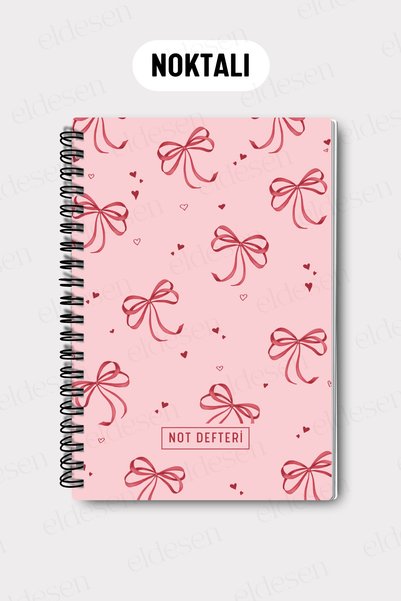 Eldesen Tasarım A5 Spiral Dotted School Notebook, 50 Sheets 100 Pages, Cardboard Cover Notepad, Pink Bow
