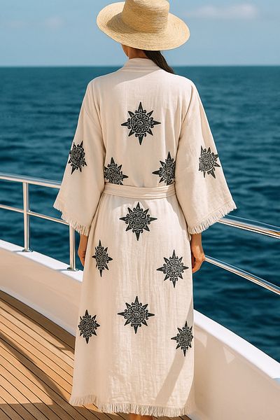LaraLisa 4 Layers Natural Muslin Cotton Fabric Chemical Treatment Unprocessed Hand Printed Kaftan Kimono Peshtemal Bathrobe