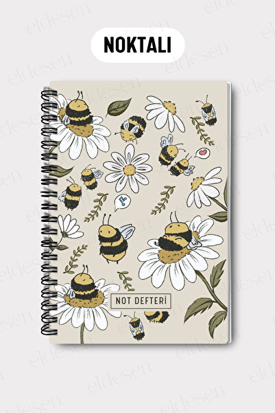 Eldesen Tasarım A5 Spiral Dotted School Notebook, 50 Sheets 100 Pages, Cardboard Cover Notepad, with Bee