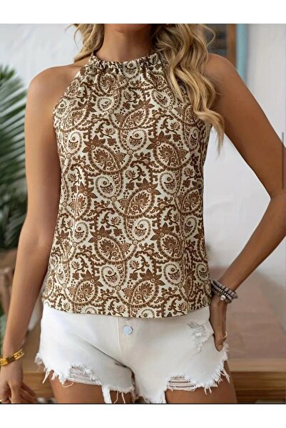 Moda Monisa Bluză fără mâneci pentru femei Brown White Floral cu imprimeu