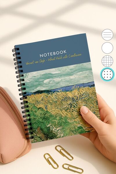 Eldesen Tasarım Van Gogh A5 Spiral Dotted School Notebook, 50 Sheets 100 Pages, Cardboard Cover Notepad, Flowers