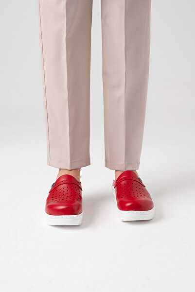 ÇİZGİ MEDİKAL Red Gold Fit Genuine Leather Women's Sabo Slippers Orthopedic Doctor Nurse Hospital Slippers