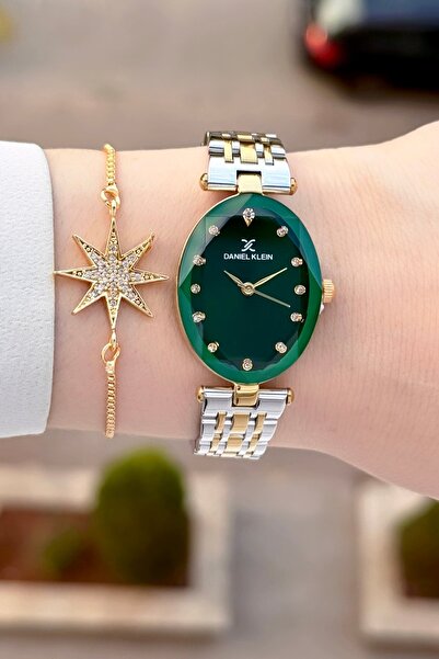 Daniel Klein Kadranı Yeşil Kordonu Sarı Silver Renk Kadın Kol Saati ve Bileklik