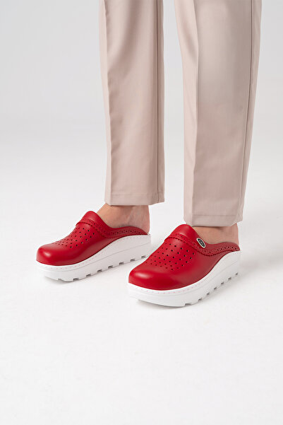 ÇİZGİ MEDİKAL Red Gold Fit Genuine Leather Women's Sabo Slippers Orthopedic Doctor Nurse Hospital Slippers