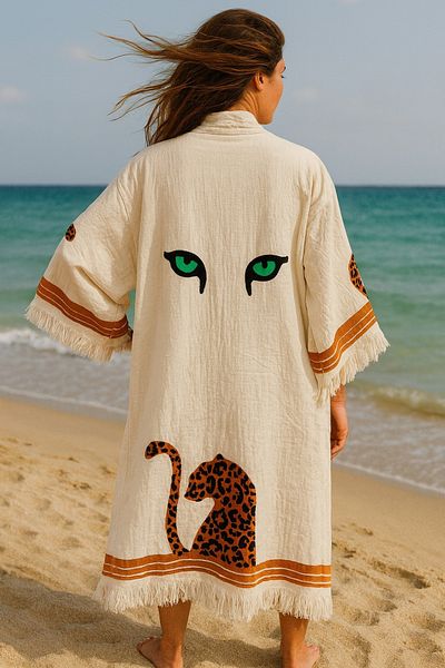 LaraLisa 4 Layers Natural Muslin Cotton Fabric Chemical Treatment Unprocessed Hand Printed Kaftan Kimono Peshtemal Bathrobe