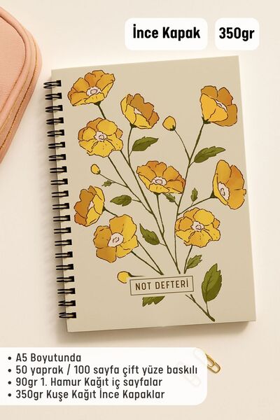 Eldesen Tasarım A5 Spiral Dotted School Notebook, 50 Sheets 100 Pages, Cardboard Cover Notepad, Orange Flower