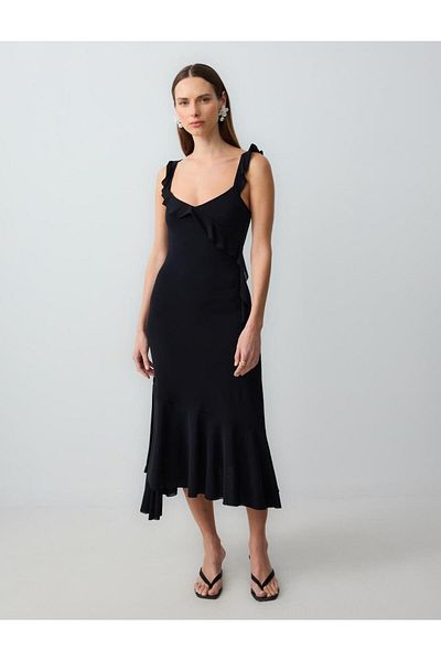 Jimmy Key Black Slim Fit Strap V-Neck Knitted Dress