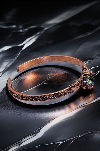 OSMANLI GÜMÜŞ Women's Copper Bracelet - Mystic Topaz Tree Bark Model Thin Metal Box Quartz Stone Bracelet