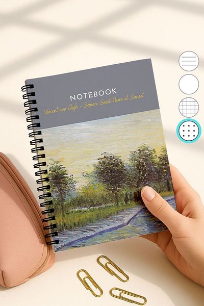 Eldesen Tasarım Van Gogh A5 Spiral Dotted School Notebook, 50 Sheets 100 Pages, Cardboard Cover Notebook, Sunset