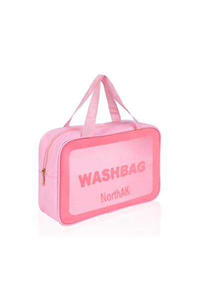 NorthAK Şeffaf Seyahat Makyaj Çantası - Kozmetik ve Makyaj Çantası Büyük Boy Washbag Pembe