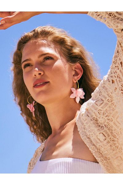 Jimmy Key Pink Leaf Detailed Flower Patterned Earrings