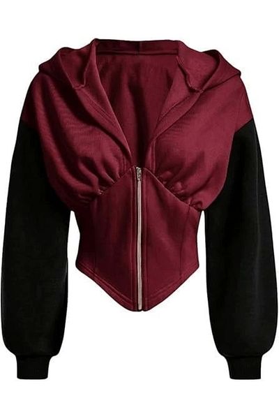 1blood Burgundy Long Sleeve Corset Cut Zipper Jacket