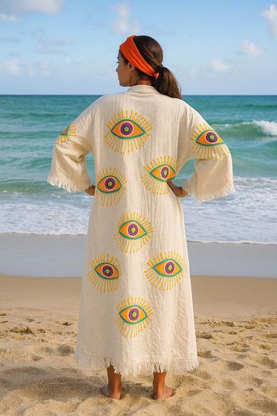 LaraLisa Collection 4 Layers Natural Muslin Cotton Fabric Chemical Treatment Unprocessed Hand Printed Kaftan Kimono Peshtemal Bathrobe