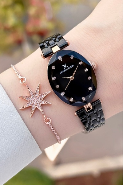 Daniel Klein Case Rose Cord Black Color Women's Wrist Watch and Bracelet