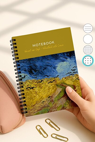 Eldesen Tasarım Van Gogh A5 Spiral Dotted School Notebook, 50 Sheets 100 Pages, Cardboard Cover Notebook, Crows