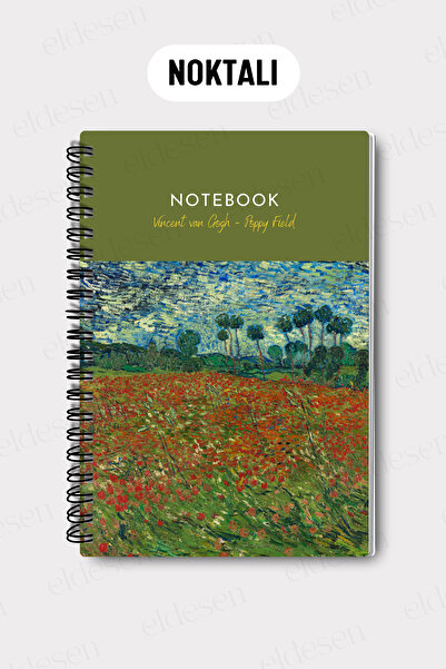 Eldesen Tasarım Van Gogh A5 Spiral Dotted School Notebook, 50 Sheets 100 Pages, Cardboard Cover Notepad, Poppy