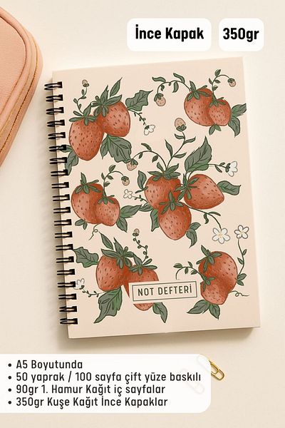Eldesen Tasarım A5 Spiral Dotted School Notebook, 50 Sheets 100 Pages, Cardboard Cover Notepad, Strawberry
